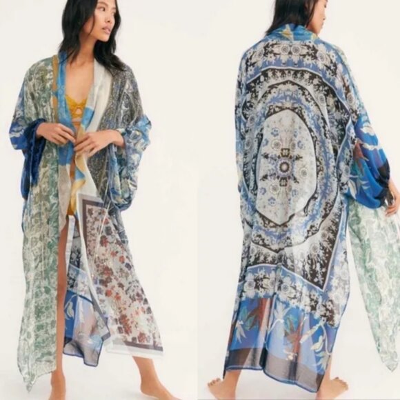 Free People Kimono Keeping Up With Indigo Mixed Print Sheer Lightweight One Size - Picture 1 of 8